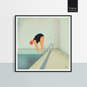 Schwimmerin Illustration Druck, schrullig feminine Kunst (digitaler Download)