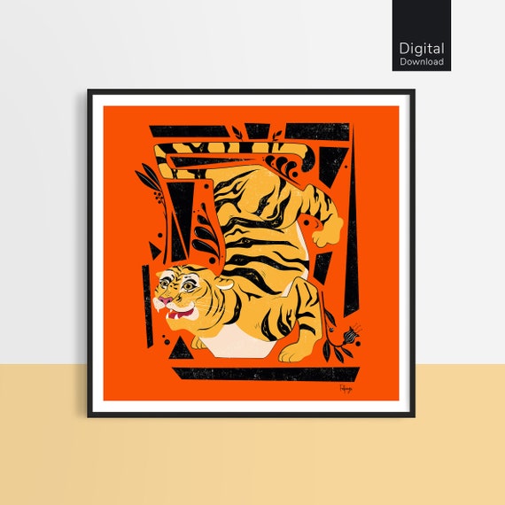 Quirky Tiger Illustration Print, Jungle Animal Art (Digital Download)