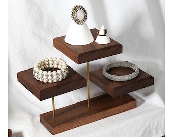 Walnut Wood Jewelry Display Set: Ring, Earring Organizer