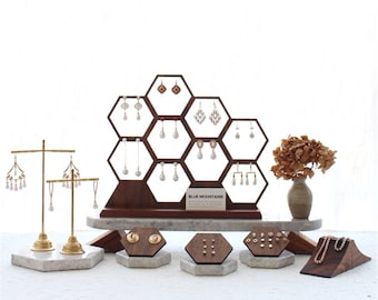Walnut Wood Earring Holder: Honeycomb Jewelry Display Stand