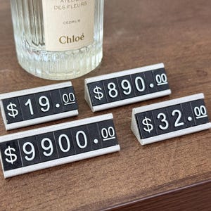Etiqueta de precio, letrero de precio, etiqueta de precio pequeña, etiqueta de precio para exhibición de joyas, soporte de mostrador, precio en dólares con números y letras, kit de bloques para tienda minorista