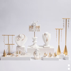 White Plaster Jewelry Display Set: Ring, Earring & Necklace Organizer