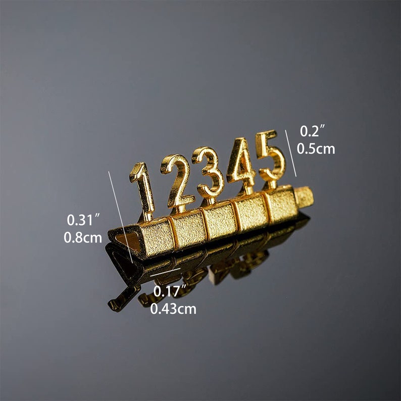 May include: Gold-colored metal number counter with the numbers 12345. The counter is 0.5 inches wide and 0.31 inches tall.