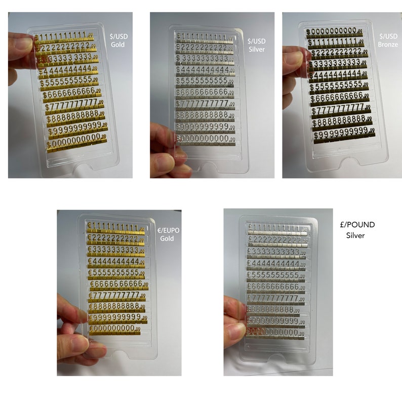 May include: A set of gold, silver, and bronze number stamps for crafting and DIY projects. The stamps are arranged in rows, with each row containing a different number from 1 to 0. The stamps are labeled with the currency and metal type.