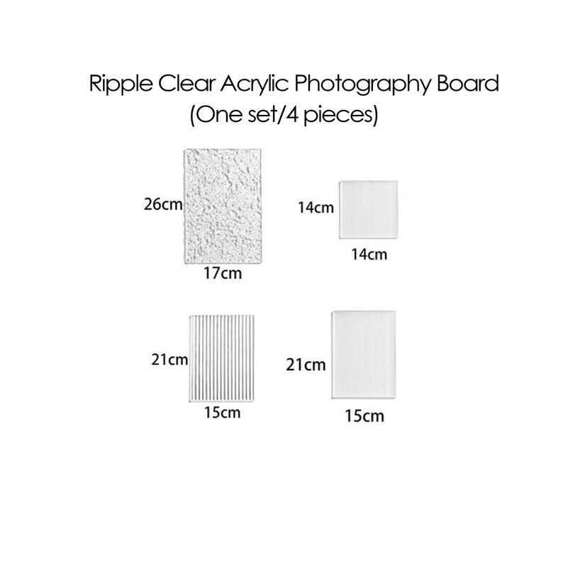 May include: Set of four clear acrylic photography boards in different sizes and textures. The boards measure 26cm x 17cm, 14cm x 14cm, 21cm x 15cm, and 21cm x 15cm.