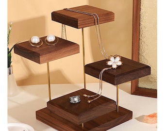 Walnut Wood Jewelry Display Set: Ring, Earring Organizer
