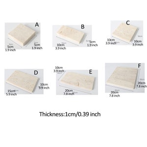 May include: Six rectangular natural stone coasters in various sizes. The coasters are beige with a light brown marbling pattern. The coasters are labeled A through F and have measurements in both inches and centimeters.