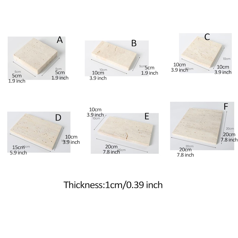 May include: Six rectangular natural stone coasters in various sizes. The coasters are beige with a light brown marbling pattern. The coasters are labeled A through F and have measurements in both inches and centimeters.