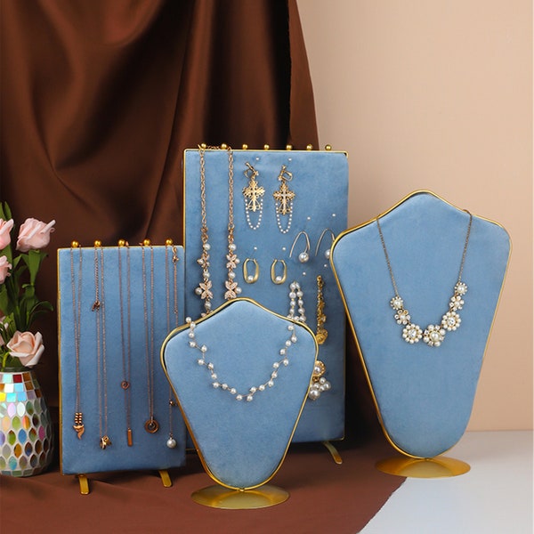 Blue Retro Jewelry Display, Velvet Jewelry display, Ring Holder, Jewelry Display Set, Necklace Stand, Jewelry Holder, Necklace Holder,JS924