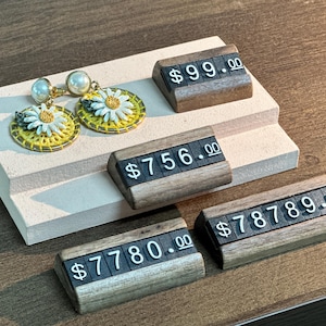 Etiqueta de precio, letrero de precio, etiqueta de precio pequeña, etiqueta de precio para exhibición de joyas, soporte de mostrador, precio en dólares con números y letras, kit de bloques para tienda minorista