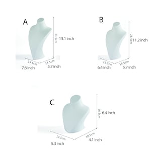 May include: Three white foam necklace display busts of different sizes. The busts are 33.3 cm, 28.5 cm, and 16.5 cm tall.