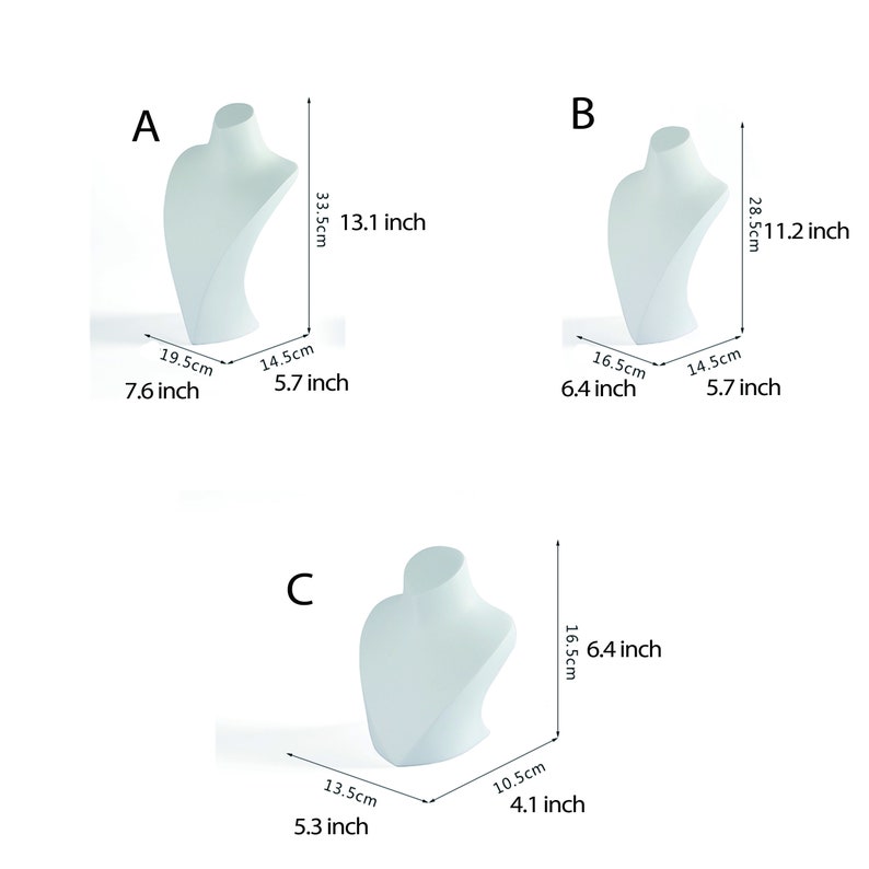 May include: Three white foam necklace display busts of different sizes. The busts are 33.3 cm, 28.5 cm, and 16.5 cm tall.