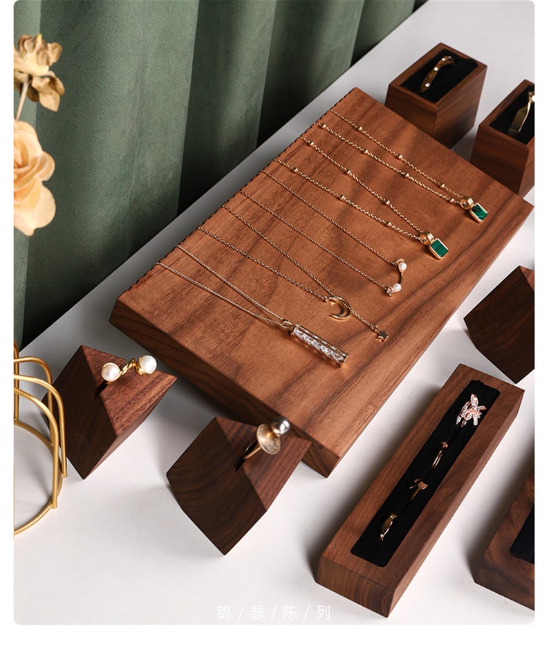 Black walnut jewelry display set wood earring stand Necklace Etsy
