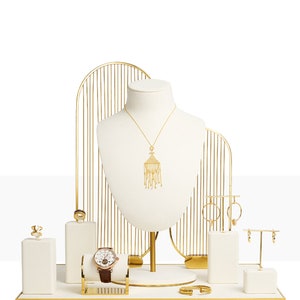 jewelry organizer, velvet metal jewelry display, white jewelry display set, gold jewelry display, retail display, craft fair jewelry display