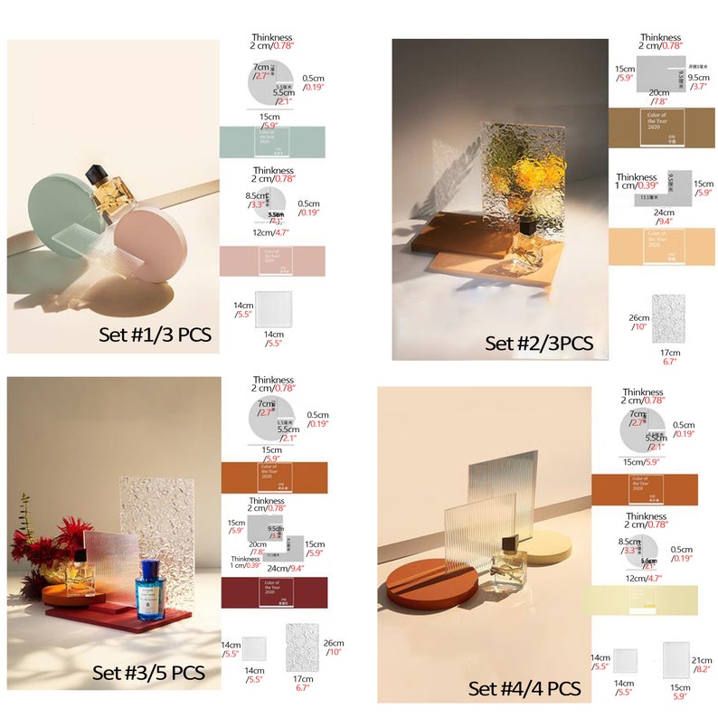 May include: Four sets of decorative display stands for showcasing products. Each set includes a variety of sizes and shapes, with a textured glass panel and a choice of light pink, light blue, or brown bases. The stands are labeled with measurements in centimeters and inches.  Set #1/3 PCS, Set #2/3PCS, Set #3/5 PCS, Set #4/4 PCS.