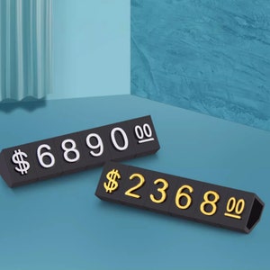 Etiqueta de precio, letrero de precio, etiqueta de precio pequeña, etiqueta de precio para exhibición de joyas, soporte de mostrador, precio en dólares con números y letras, etiqueta de precio en USD/dólar