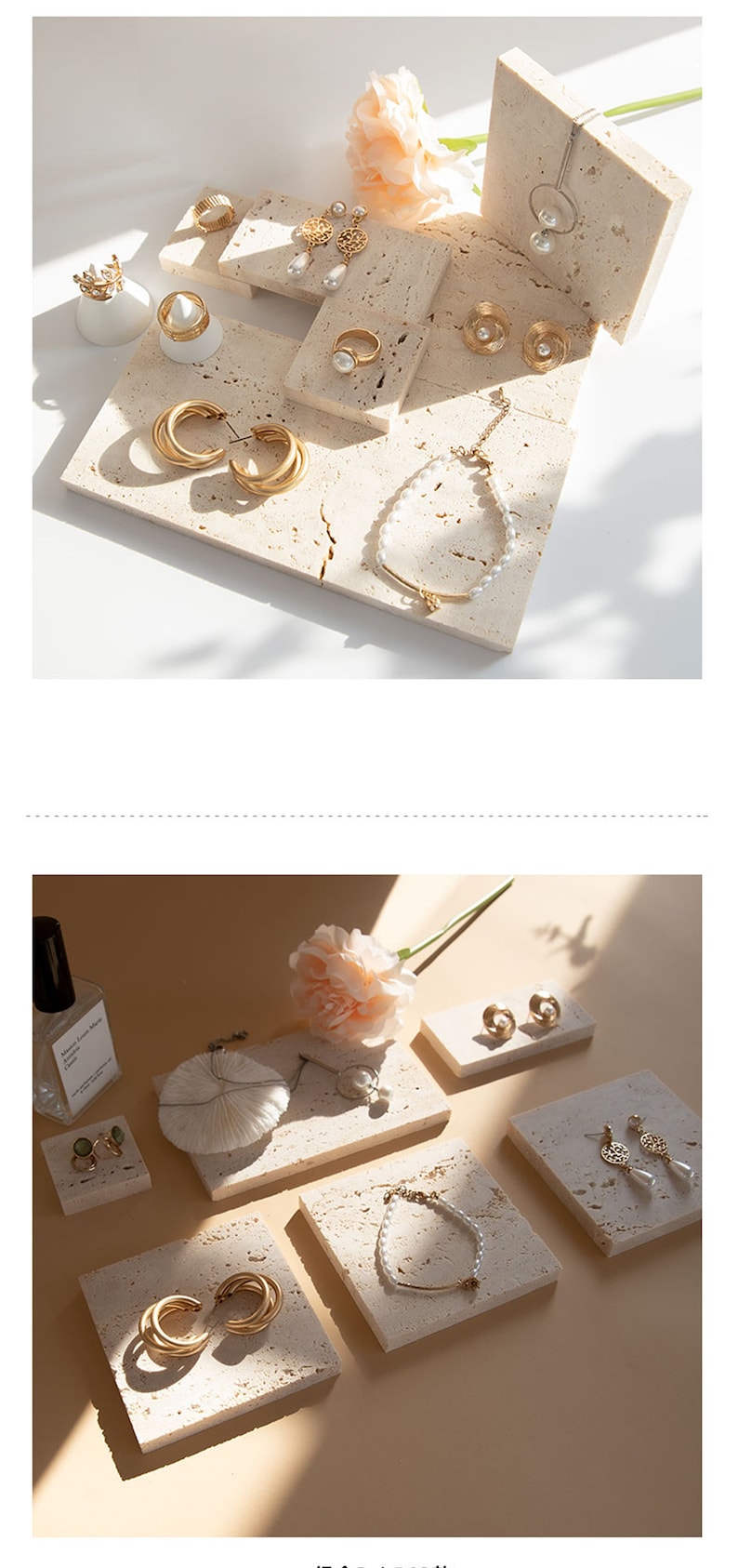 May include: A set of jewelry display stands made of beige travertine stone. The stands are arranged in a staggered pattern and feature various gold and pearl jewelry pieces, including earrings, necklaces, and rings. A pink flower is placed on top of the stands.