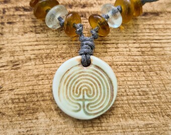 Ceramic Labyrinth Pendant with Recycled Glass Beads, Boho Labyrinth Necklace
