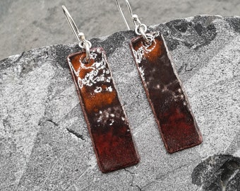 Enamelled Copper and Silver Earrings, Enamelled Fire and Flame Red Mix Earrings