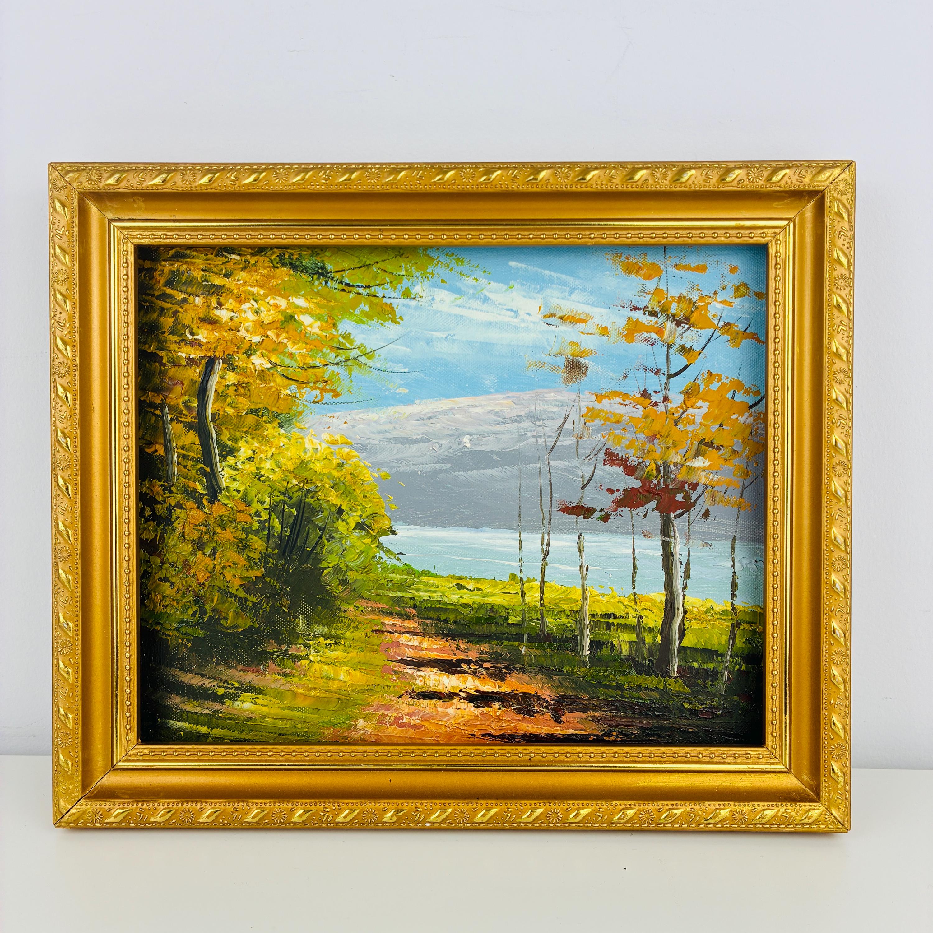 木々と自然のオリジナル風景油絵：ヴィンテージ額入りアートワーク