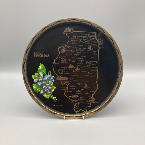 1950s Illinois State Map Round Metal Collectors Tray Vintage Collectable Souvenir Chicago USA