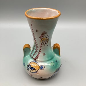 Matteo Di Lieto Italian Studio Pottery Vase 1950s Hand Painted Fish and Sea Life Mid Century Design