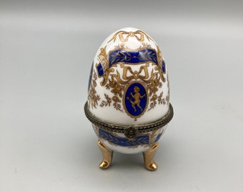 Limoges Porcelain Footed Hinged Trinket Box Collectable Blue and White Hand Painted Egg