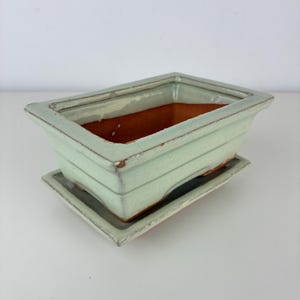 Vintage Pale Green Terracotta Bonsai Pot With Tray Rectangular Ceramic Planter