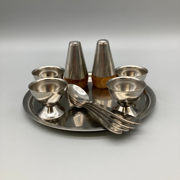 Saxony Teak and Stainless Steel Danish Design Egg Cup Breakfast Tray Set Vintage Mid Century