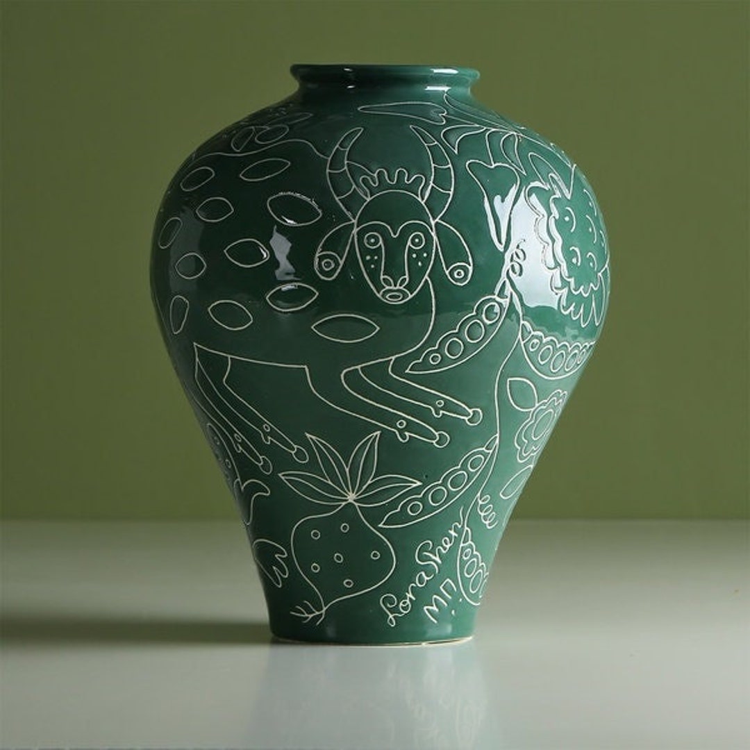 Green Ceramic VASE With Maria Prymachenko Animals Paintings Etsy