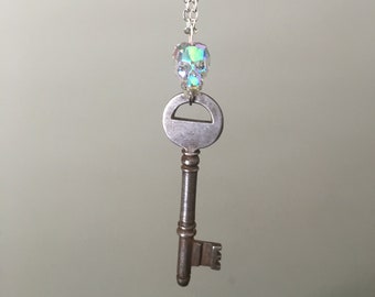 Iridescent Green Swarovski Skull Skeleton Key Necklace