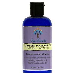 May include: A blue bottle of Pure Xtracts Turmeric Massage Oil with English Lavender. The bottle is labelled with the product name, ingredients, and size: 100ml (3.4 fl. oz.).