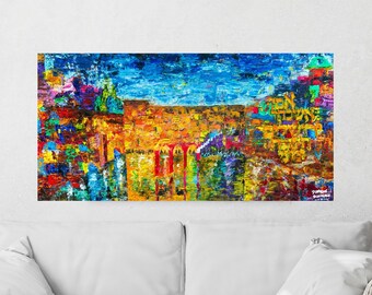 DIE JERUSALEM SKYLINE Große Leinwand Giclée Druck - Jüdisches Geschenk - Israel Gemälde Judaica Kunst Moderne jüdische Kunst Bild Für Zuhause Büro Dekor