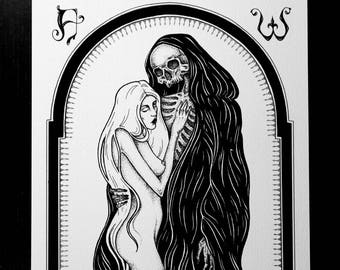 Death and the Maiden - Art Print - illustration in black and white