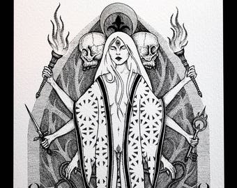 Hecate - Art print with hand embellished silver highlights - illustration of the Greek goddess of witchcraft and magic