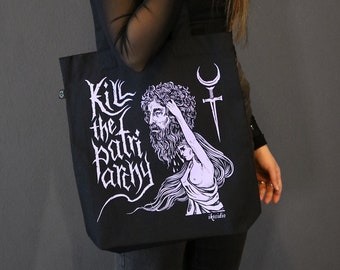 Kill the Patriarchy - Bolsa de tela serigrafiada - tinta lila sobre bolsa de algodón orgánico negra