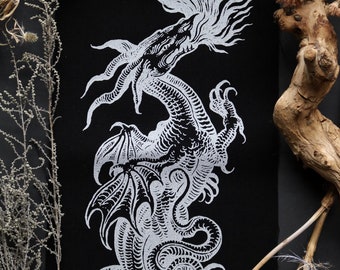 Screen printed backpatch "Dragon" - silver ink on black canvas