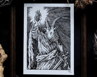 Dibujo original enmarcado "Profeta de la Llama Negra" - ilustración a tinta en blanco y negro en marco, 22 x 16,5 cm.