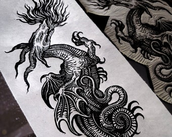 Lino print - "The Dragon" - hand printed with black ink on cream colored handmade paper