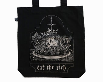 Eat the Rich - Siebdruck Tote Bag - beige Tinte auf schwarz Bio-Baumwolltasche