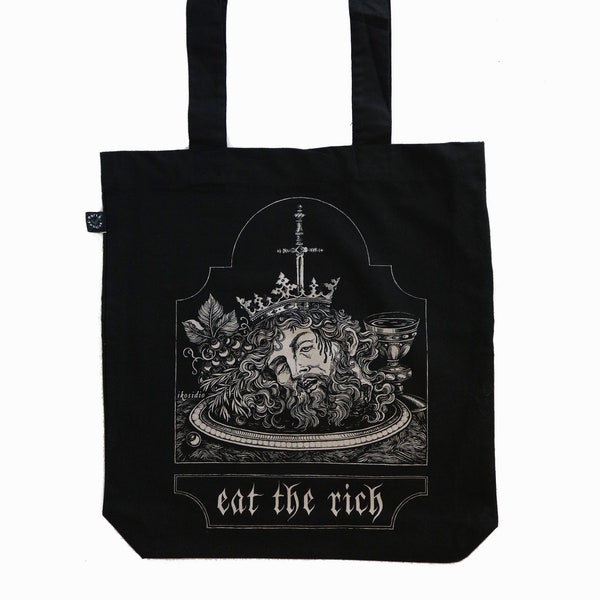 Eat the Rich - Screen Printed Tote Bag - beige ink on black organic cotton bag