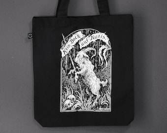 Kein Bock auf Nazis - Screen Printed Tote Bag - white print on black organic cotton bag