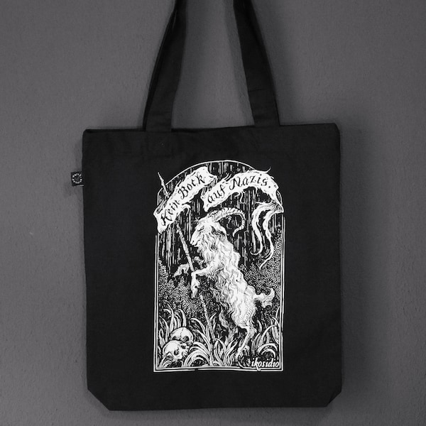 Kein Bock auf Nazis - Screen Printed Tote Bag - white print on black organic cotton bag