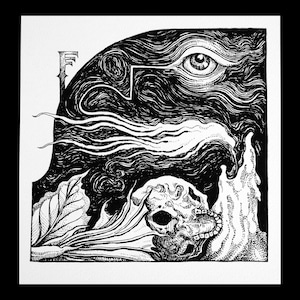 May include: Black and white ink drawing of a skull with an eye and a swirling cloud-like shape above it.