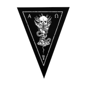 May include: Black and white illustration of a skull inside a chalice with a snake wrapped around it. The image is set inside a triangle with the letters "A" and "Ω" at the top corners and the Roman numeral "II" at the bottom.