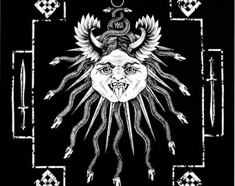 May include: A black and white illustration of a gorgon with snakes for hair and wings. The gorgon has a fierce expression and is surrounded by a square frame with a circle in the center.