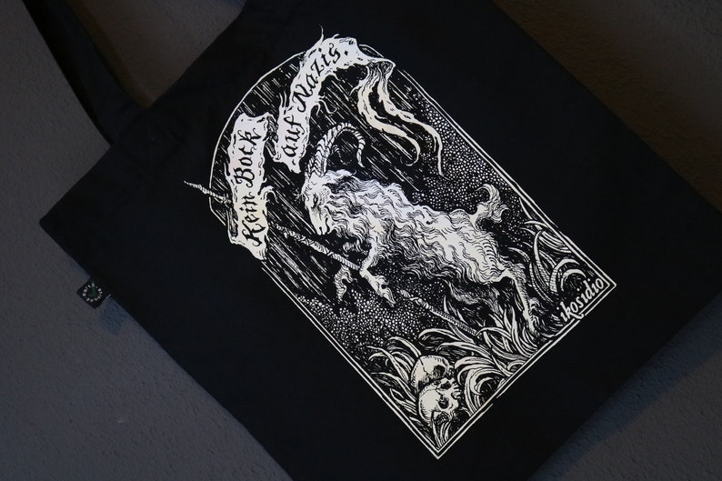 Kein Bock auf Nazis Screen Printed Tote Bag white print on black organic cotton bag image 3