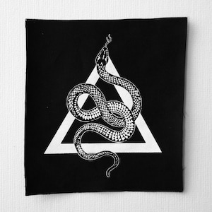 Screen printed patch &quot;Serpent&quot; white ink on black canvas