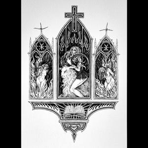 May include: A black and white ink drawing of a woman riding a goat in front of a gothic church. The woman is wearing a long dress and has long hair. The goat is standing on its hind legs. The church has three stained glass windows with flames and symbols.