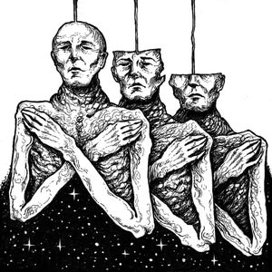 May include: Black and white line drawing of three figures with their heads cut off and replaced with a black void. The figures are standing in a starry night sky.